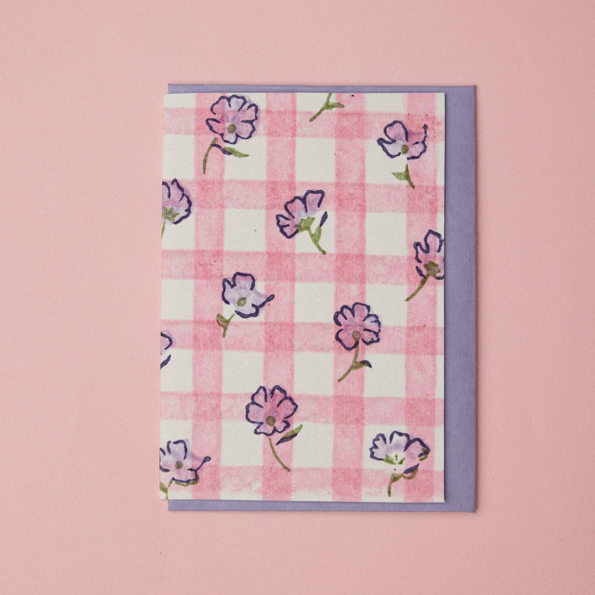 Carte fleurie – Vichy rose et fleurs violettes