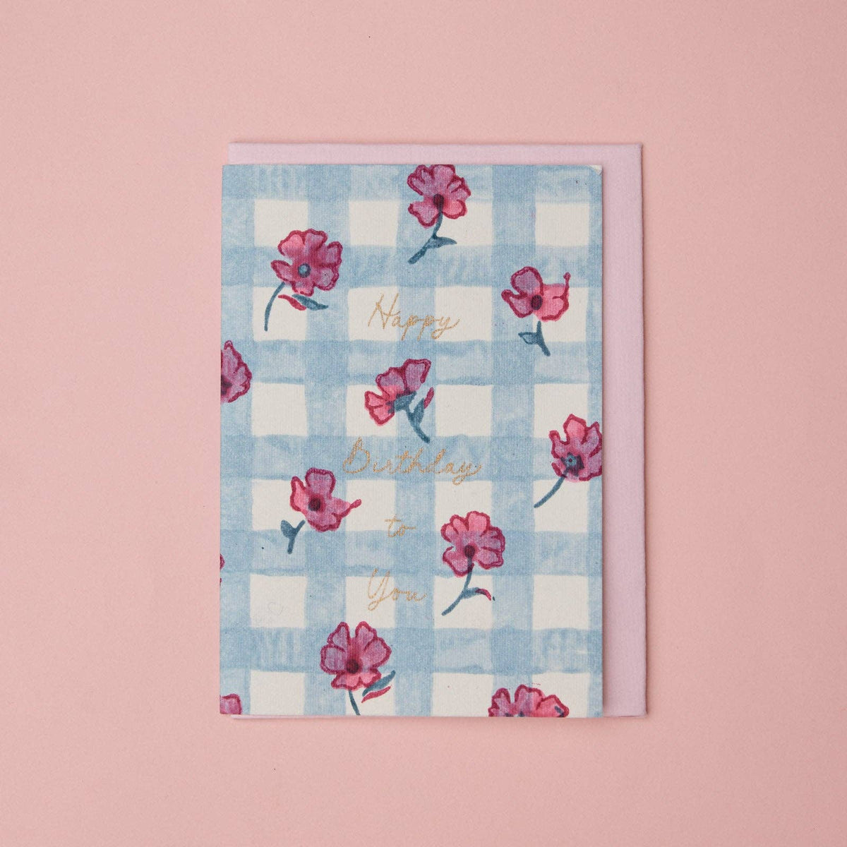 Carte d’anniversaire – Vichy bleu et fleurs roses